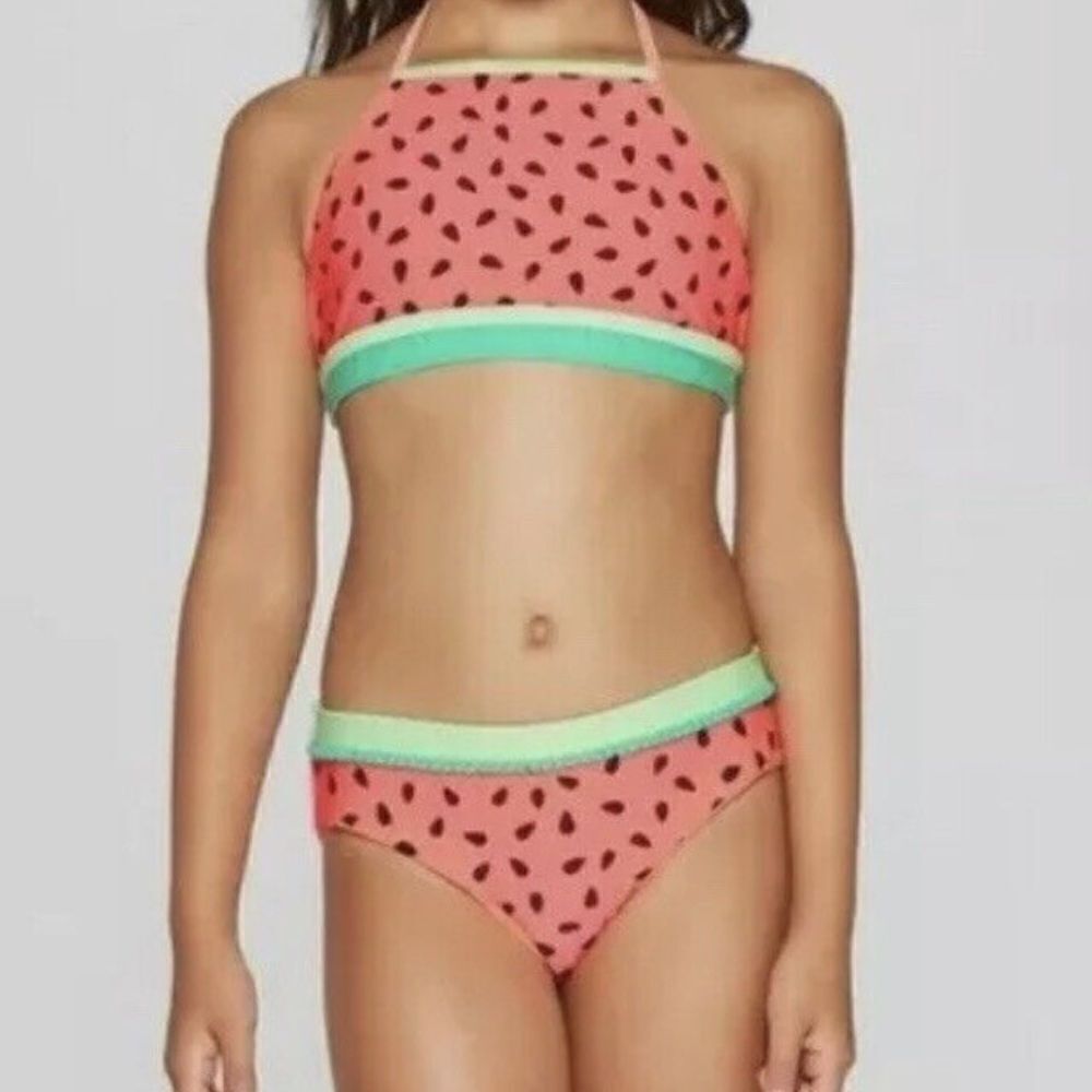 Cat & Jack Girls Seeds and Stripes Bikini Coral XXL 18